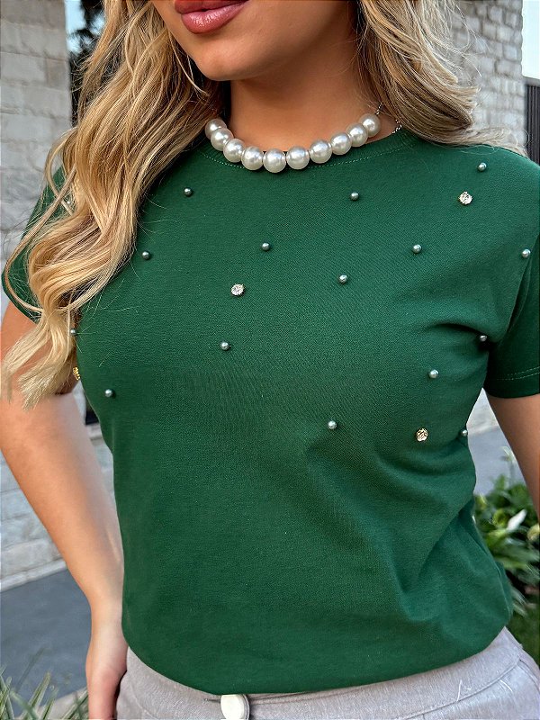 TSHIRT FEMININA ALGODÃO LUXO PEROLAS TOTAL / VERDE  MILITAR