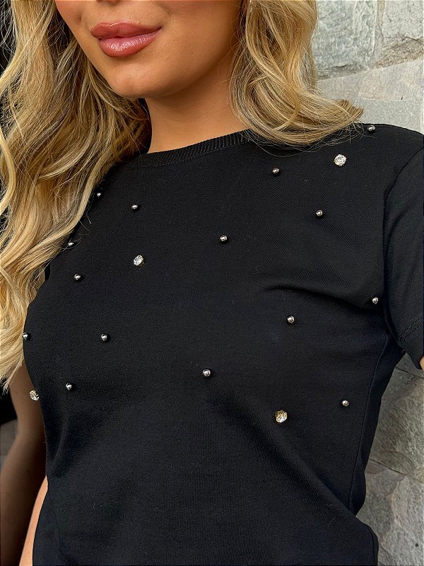 TSHIRT FEMININA ALGODÃO LUXO PEROLAS TOTAL / PRETA
