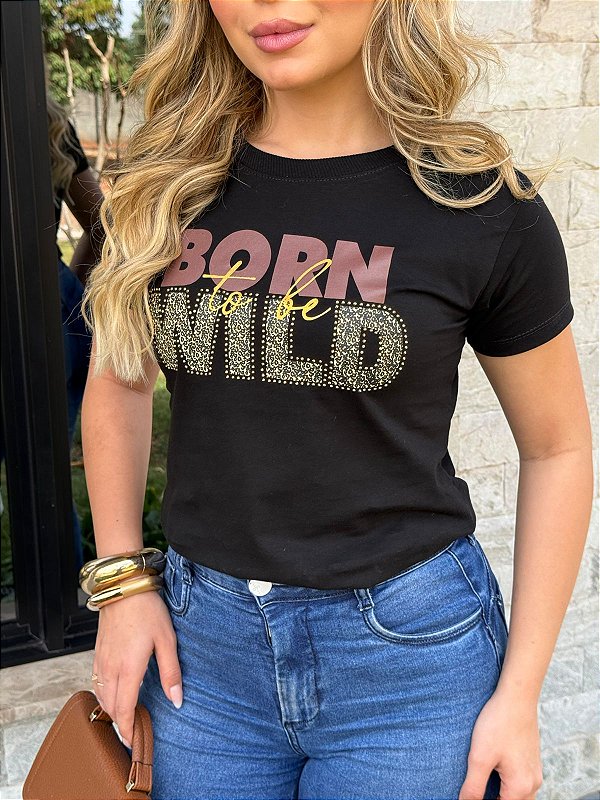 TSHIRT FEMININA ALGODÃO BORN WILD ONCINHA / PRETA