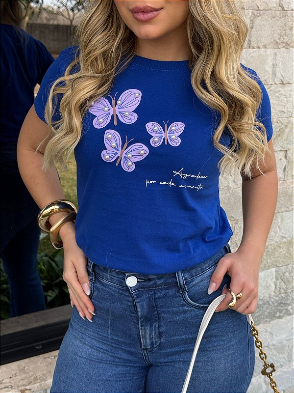 TSHIRT FEMININA ALGODÃO  AGRADECER BORBOLETA PEROLAS / AZUL BIC