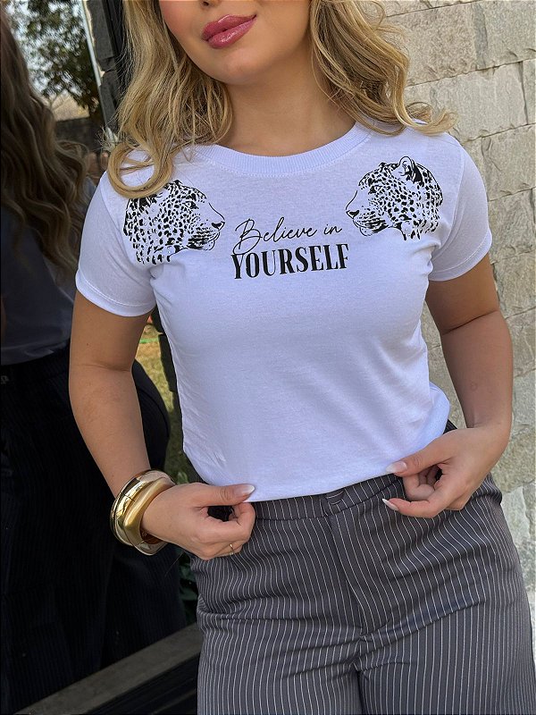TSHIRT FEMININA ALGODÃO TIGRE STRASS / BRANCA