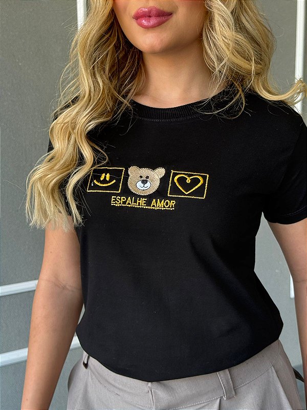 TSHIRT FEMININA ALGODÃO  BORDADA ESPALHE AMOR TED / PRETA