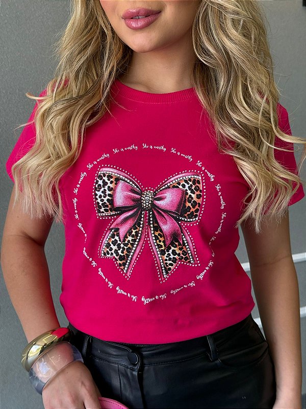TSHIRT FEMININA ALGODÃO LAÇO STRASS / PINK
