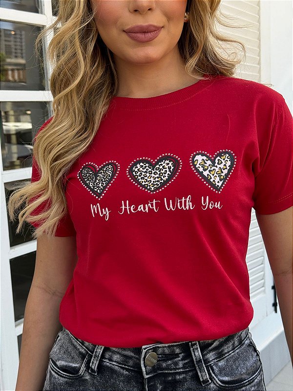 TSHIRT FEMININA ALGODÃO 3 CORAÇÕES COM STRASS / VERMELHA