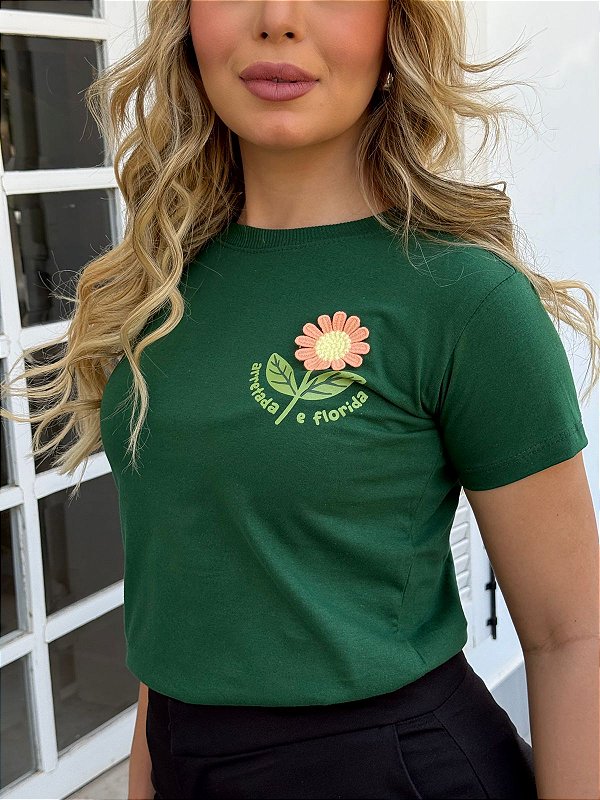 TSHIRT FEMININA ALGODÃO FLOR APLICAÇÃO / VERDE BANDEIRA
