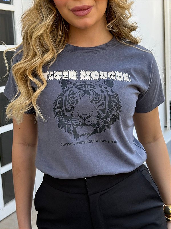 TSHIRT FEMININA ALGODÃO TIGER STRASS / CHUMBO