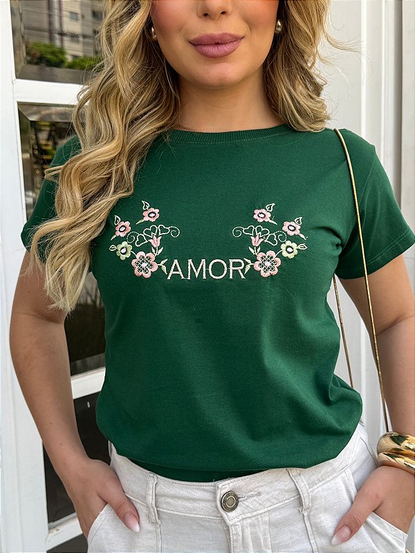 TSHIRT FEMININA ALGODÃO BORDADA AMOR / VERDE MUSGO