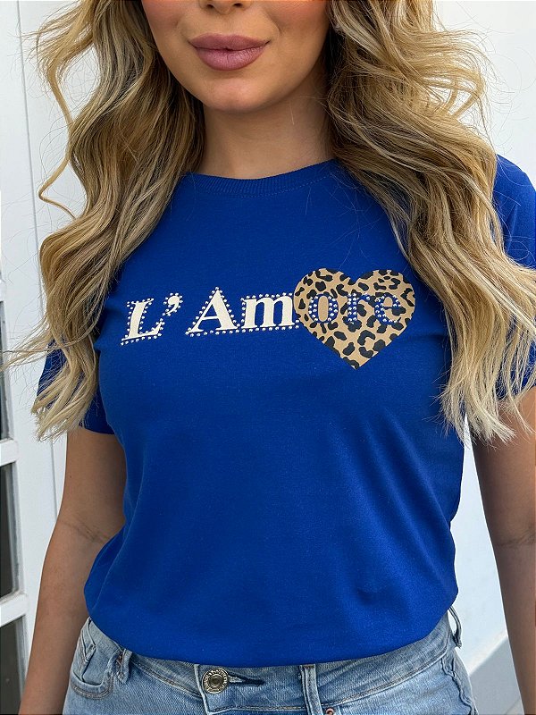 TSHIRT FEMININA ALGODÃO LA'AMOR ONCINHA / AZUL BIC