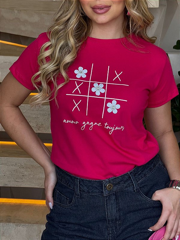 TSHIRT FEMININA ALGODÃO XADREZ FLORES / PINK