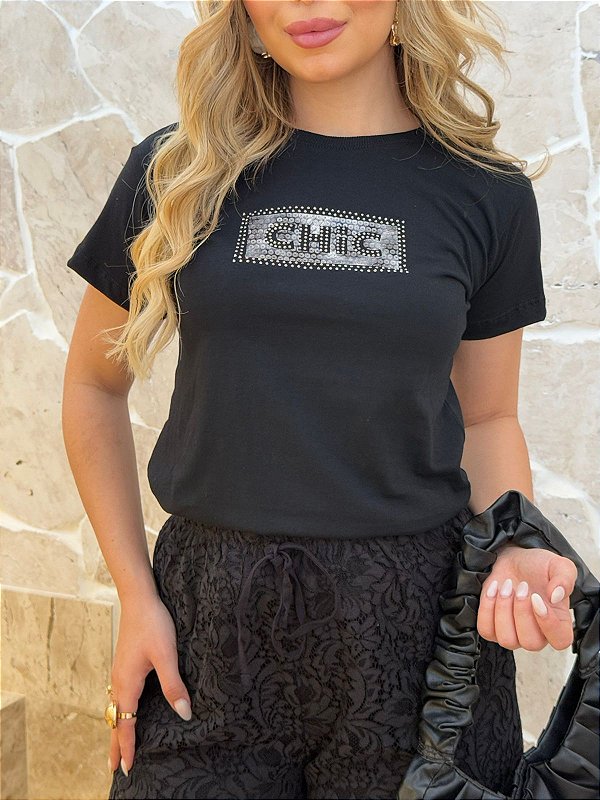 TSHIRT FEMININA ALGODÃO CHIC COM STRASS / PRETA