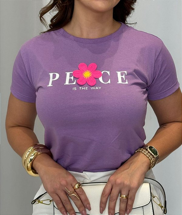 TSHIRT FEMININA ALGODÃO PEACE COM APLICAÇÃO / LILAS
