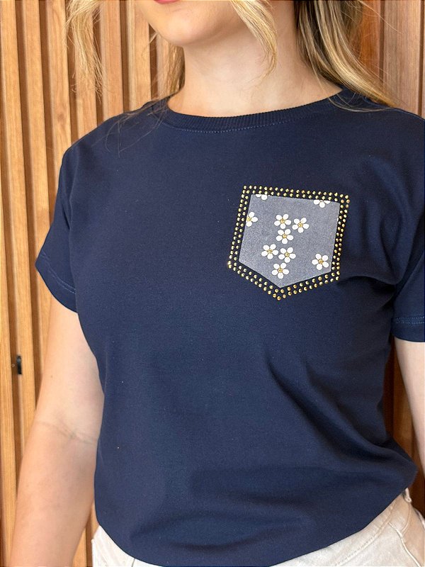 TSHIRT FEMININA ALGODÃO BOLSINHO LATERAL / AZUL MARINHO