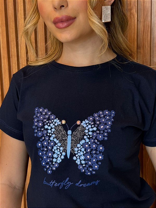 TSHIRT FEMININA ALGODÃO BORBOLETA / AZUL MARINHO