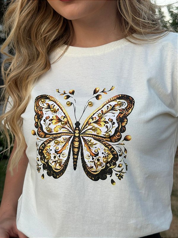 TSHIRT FEMININA ALGODÃO BORBOLETA PEROLAS / OFFWHITE