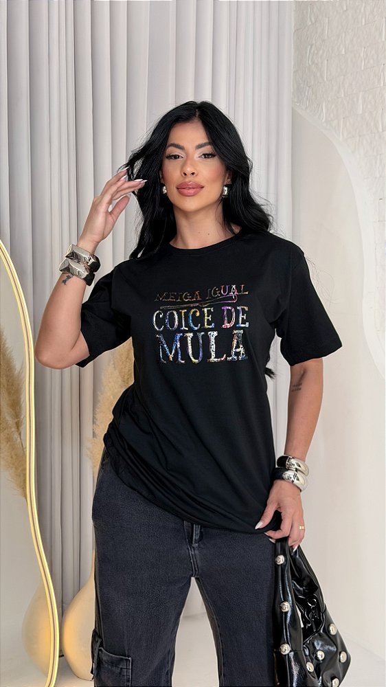 MAX TSHIRT FEMININA ALGODÃO  DELICADA IGUAL COICE DE MULA / PRETA