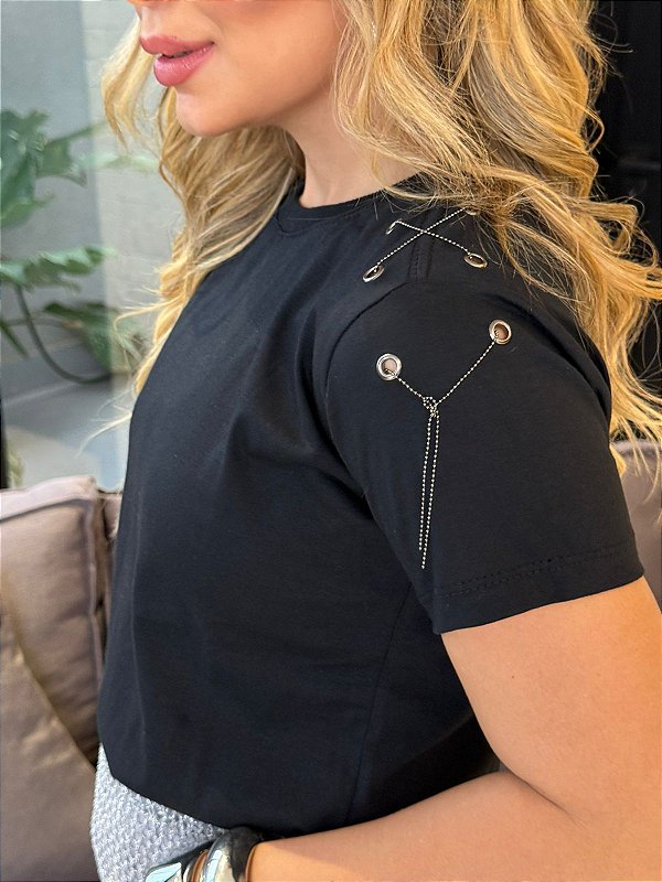 TSHIRT FEMININA ALGODÃO LUXO CORRENTINHA / PRETA