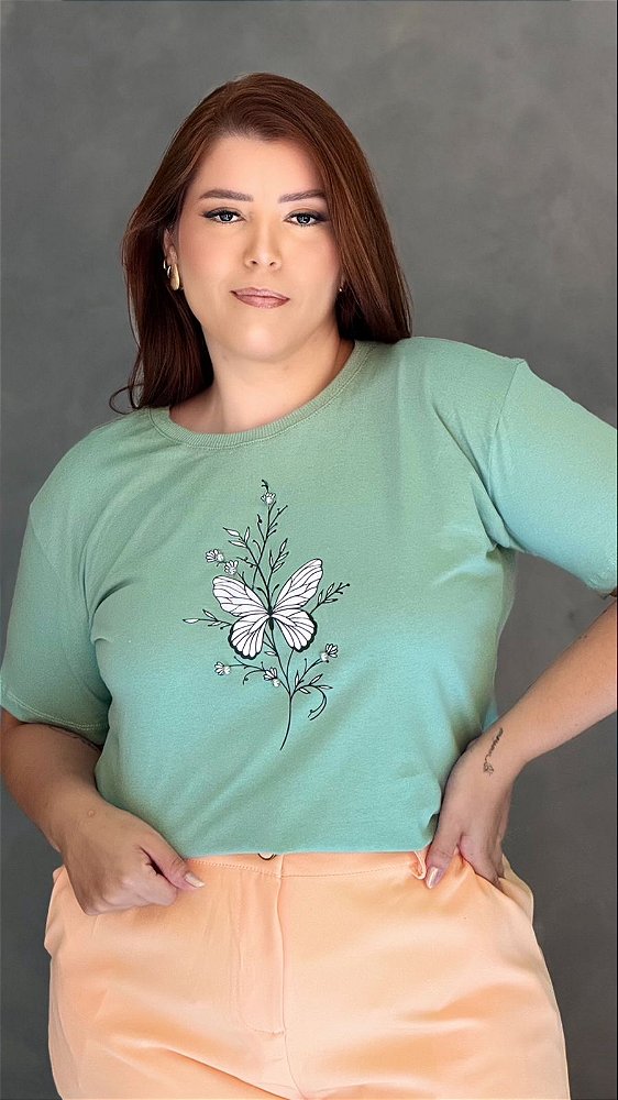 TSHIRT PLUS SIZE FEMININA BORBOLETAS RAMOS / VERDE MENTA