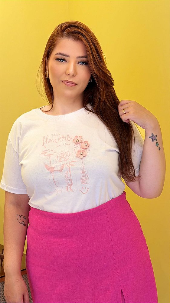 TSHIRT PLUS SIZE FEMININA FLOWERS / BRANCA