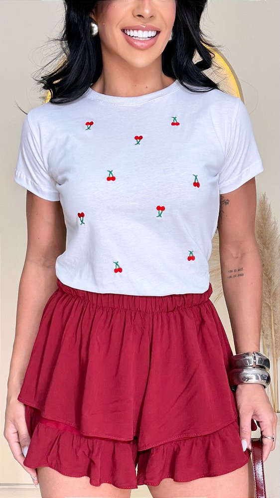 TSHIRT FEMININA ALGODÃO BORDADO TOTAL CEREJINHAS / BRANCA