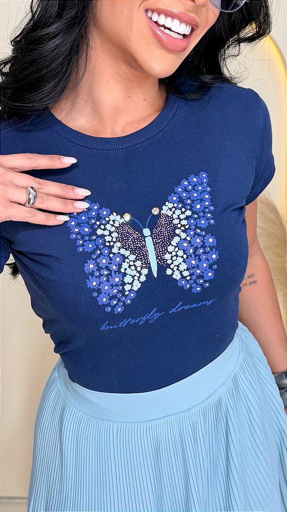 TSHIRT FEMININA ALGODÃO BORBOLETA PONTOS DE LUZ / AZUL MARINHO