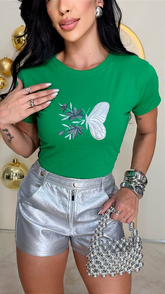 TSHIRT FEMININA ALGODÃO BORDADA BORBOLETA / VERDE