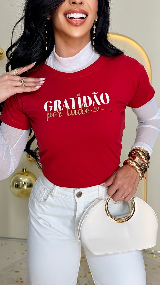 TSHIRT FEMININA ALGODÃO GRATIDÃO POR TUDO / VERMELHA