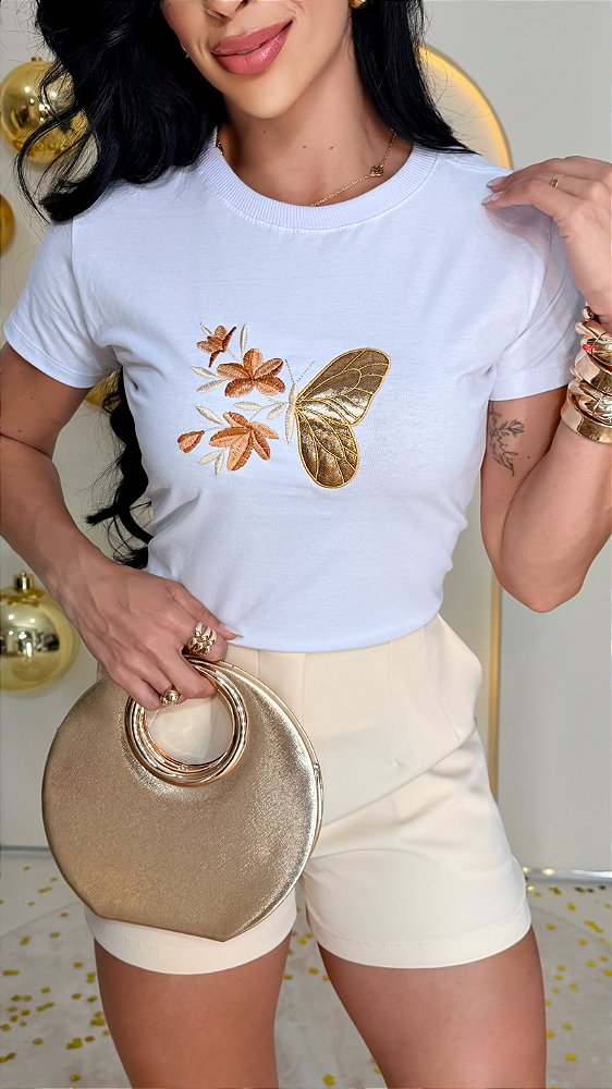 TSHIRT FEMININA ALGODÃO BORDADO BORBOLETA / BRANCA