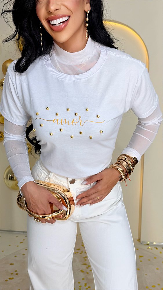 TSHIRT FEMININA ALGODÃO AMOR PEROLAS / BRANCA