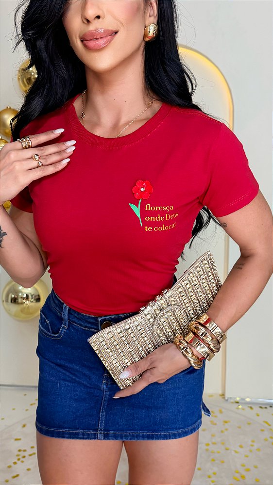 TSHIRT FEMININA ALGODÃO FLORESCA ONDE DEUS TE PLANTAR / VERMELHA
