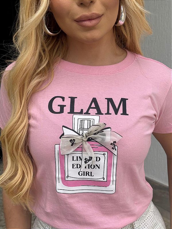 TSHIRT FEMININA ALGODÃO GLAM LAÇO / ROSA BEBE
