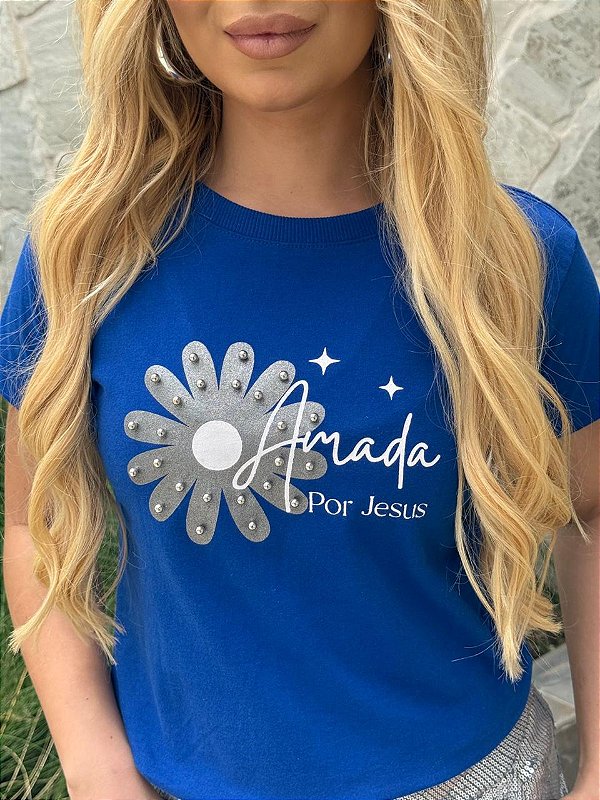 TSHIRT FEMININA ALGODÃO AMADA POR DEUS / AZUL BIC