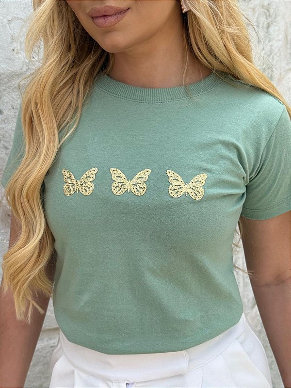 TSHIRT FEMININA ALGODÃO APLICAÇÃO 3 BORBOLETAS / VERDE MENTA