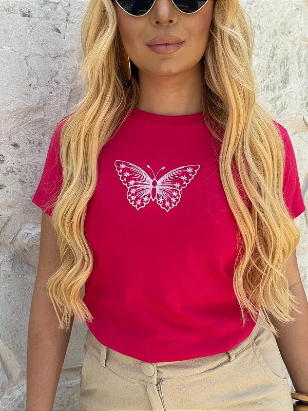 TSHIRT FEMININA ALGODÃO BORDADO BORBOLETA / PINK