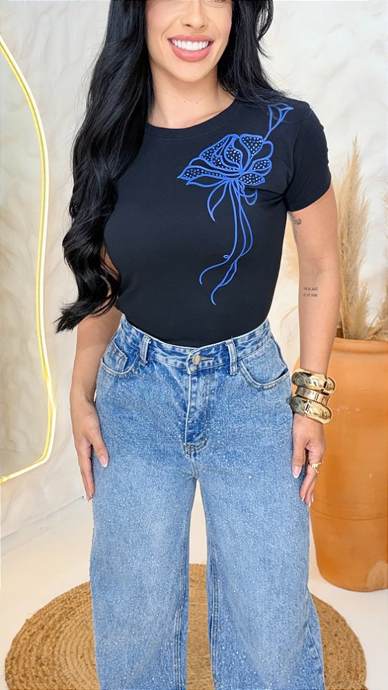 TSHIRT FEMININA ALGODÃO FLOR AZUL / PRETA
