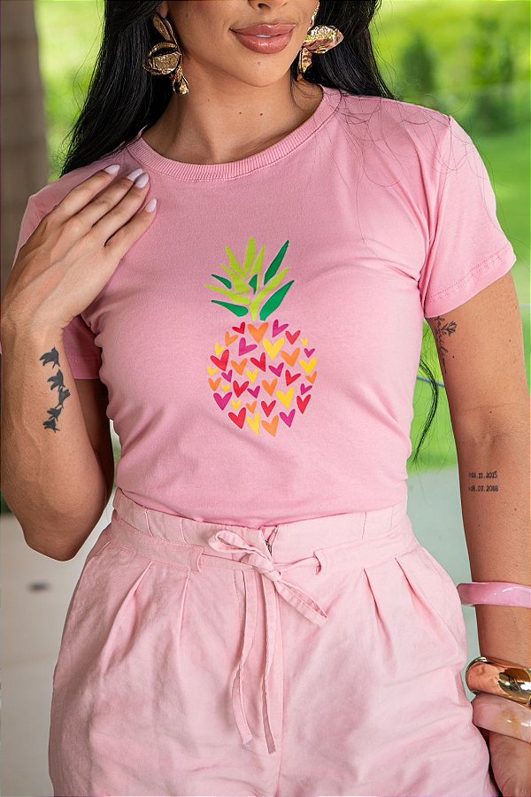 TSHIRT FEMININA ALGODÃO ABACAXI / ROSA CLARO