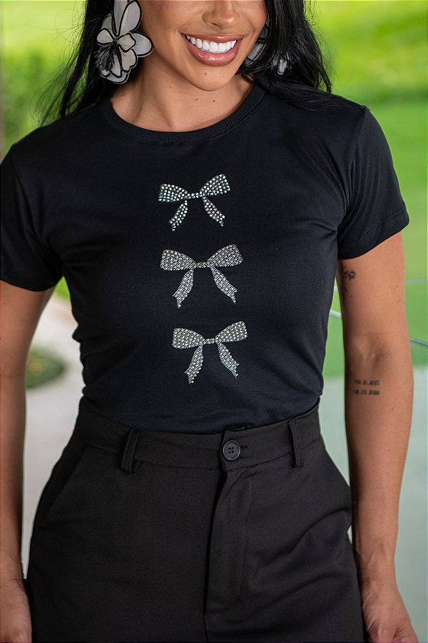 TSHIRT FEMININA ALGODÃO 3 LAÇOS STRASS / PRETA