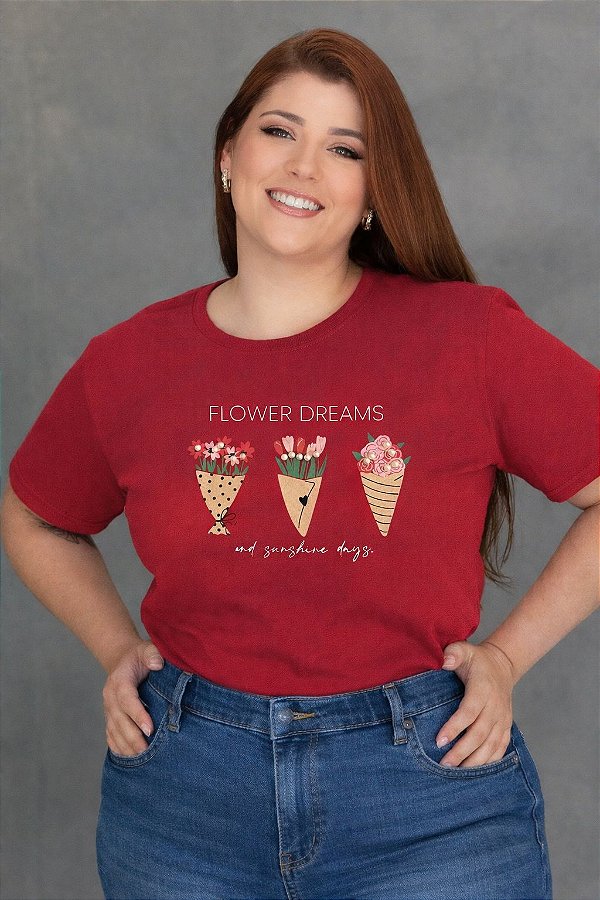 TSHIRT PLUS SIZE FEMININA RAMOS DE FLORES / VERMELHA