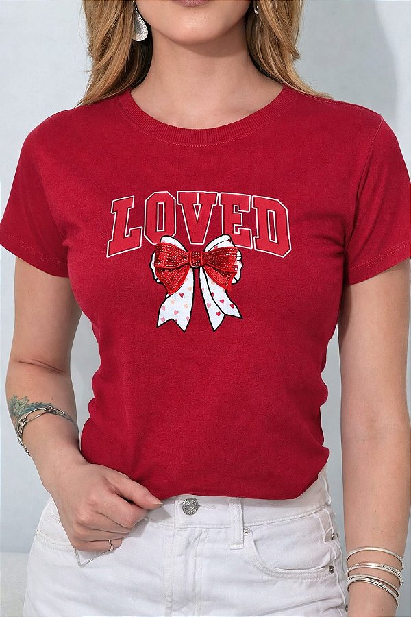 TSHIRT FEMININA ALGODÃO LOVED LAÇO / VERMELHO