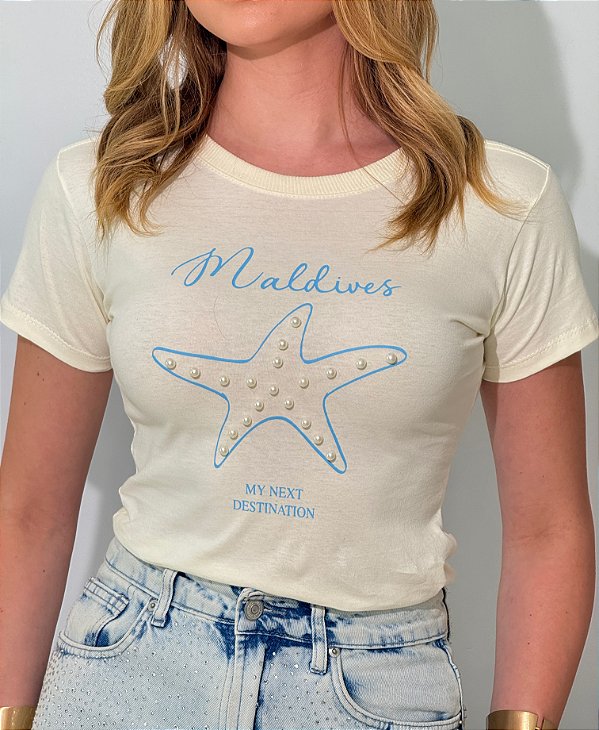 TSHIRT FEMININA ALGODÃO MALDIVES PEROLAS / OFFWHITE