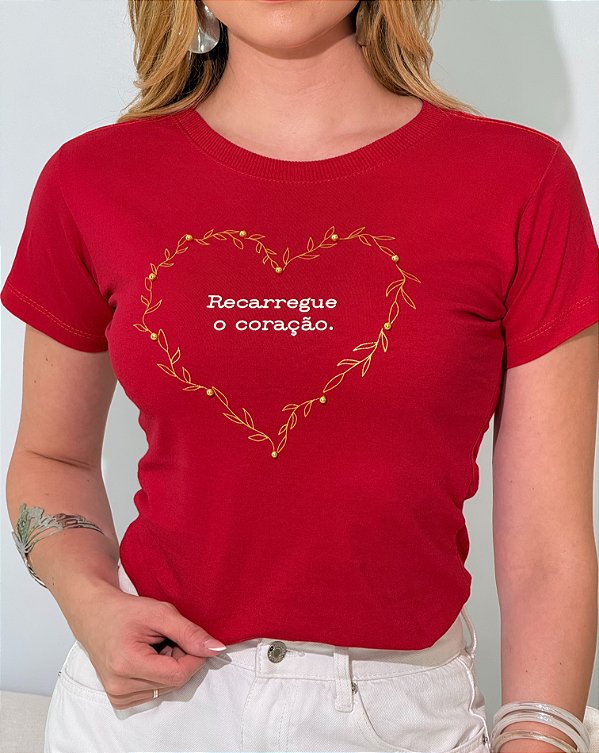 TSHIRT FEMININA ALGODÃO CORAÇÃO PEROLAS / VERMELHA