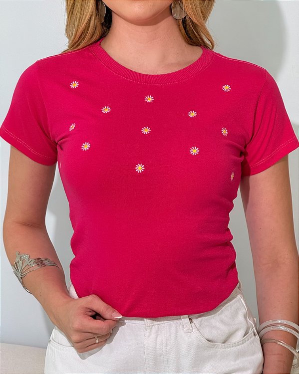 TSHIRT FEMININA ALGODÃO BORDADO TOTAL / PINK
