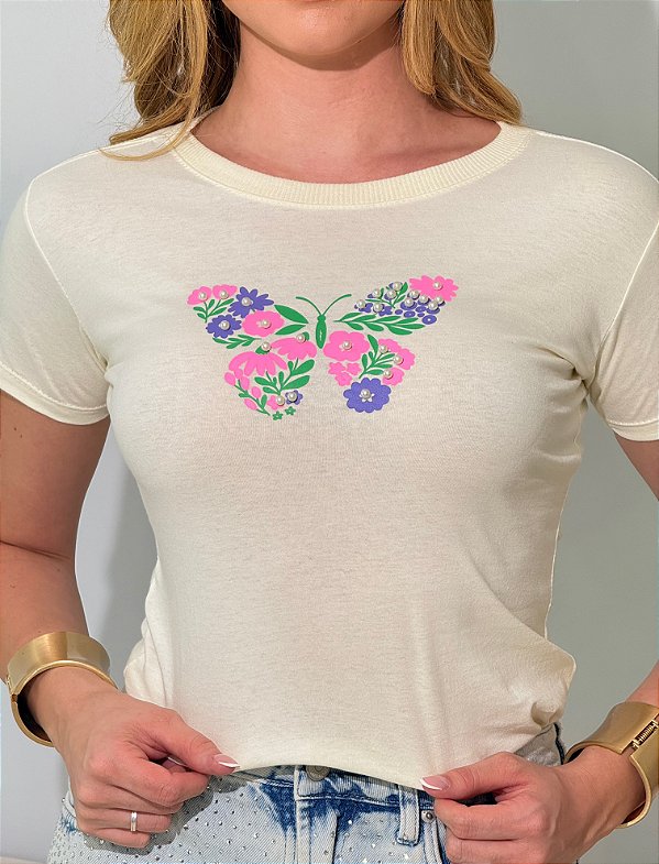 TSHIRT FEMININA ALGODÃO BORBOLETA PEROLAS / OFFWHITE