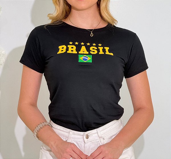 TSHIRT FEMININA ALGODÃO BRASIL BORDADA BANDEIRA / PRETA