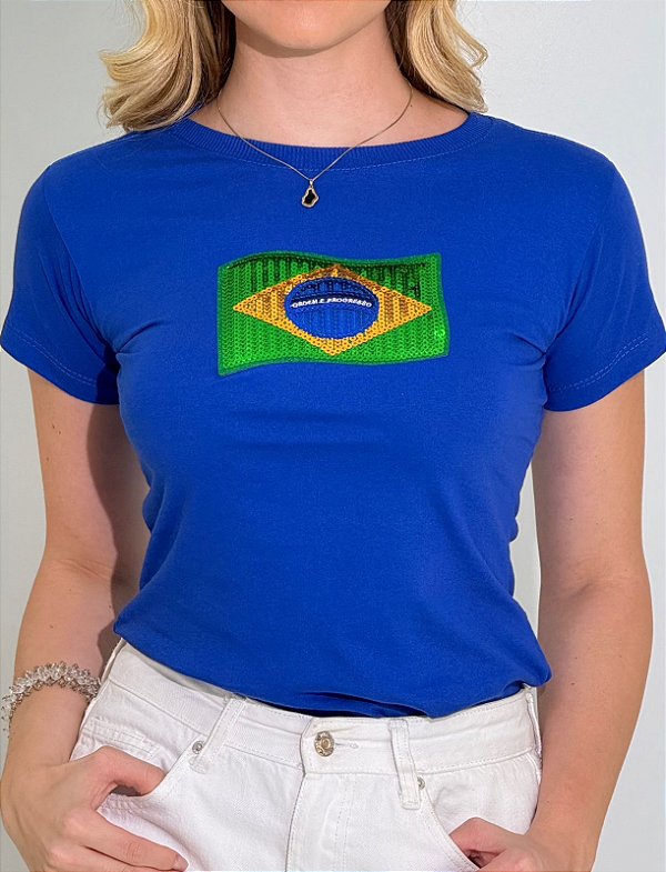 TSHIRT FEMININA ALGODÃO BANDEIRA LANTEJOULA / AZUL