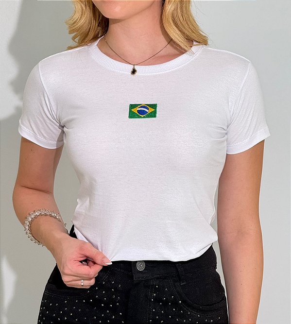 TSHIRT FEMININA ALGODÃO BORDADA BANDEIRINHA / BRANCA