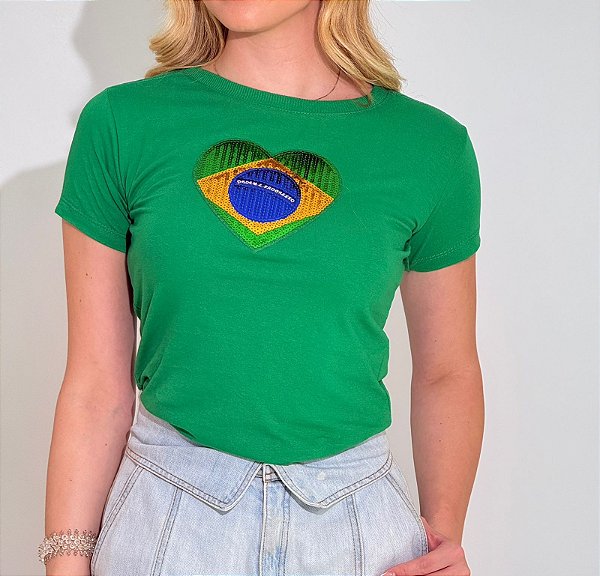 TSHIRT FEMININA ALGODÃO CORAÇÃO BRASIL LANTEJOULA / VERDE