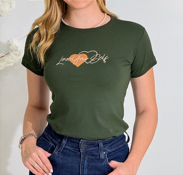 TSHIRT FEMININA ALGODÃO BORDADO INGLES / VERDE MILITAR