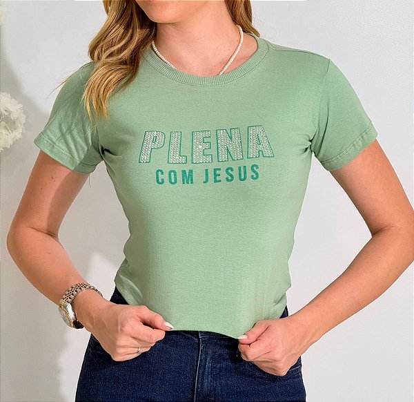 TSHIRT FEMININA ALGODÃO PLENA COM JESUS / VERDE MENTA