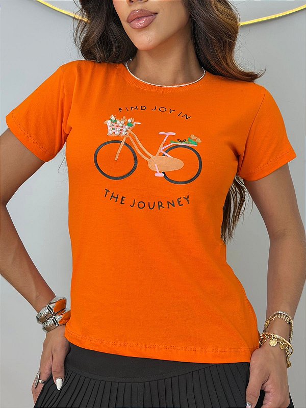 TSHIRT FEMININA ALGODÃO BICICLETA PEROLAS / LARANJADA