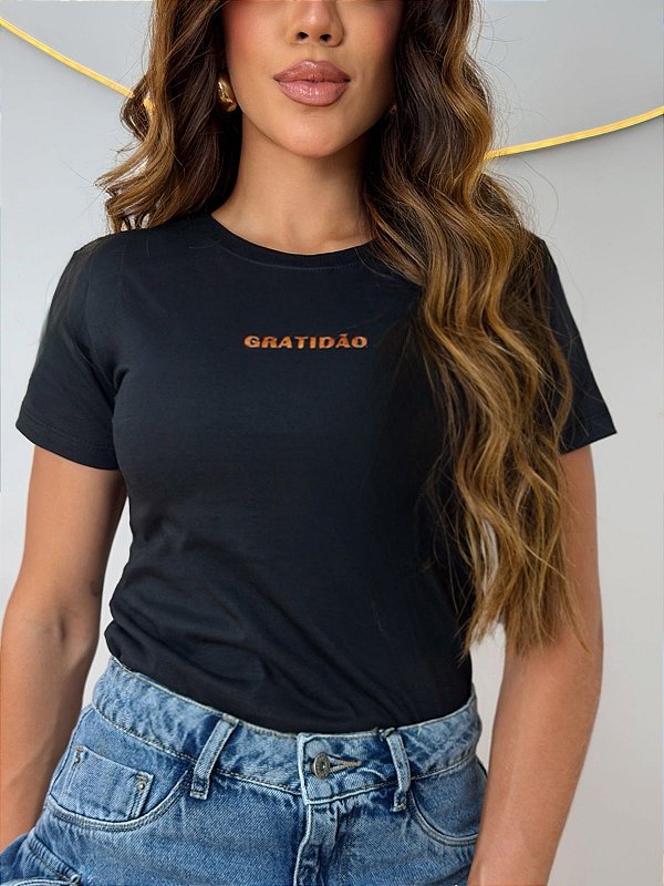 TSHIRT FEMININA ALGODÃO GRATIDÃO / PRETA